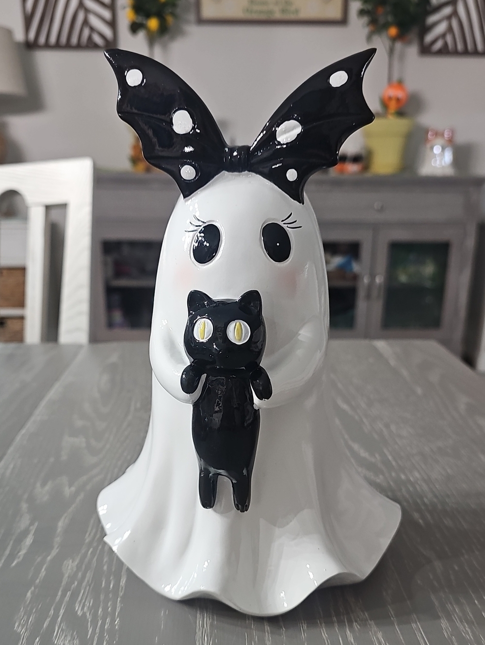 New! Halloween Ghost Figurine with Polka Dot Black Bow & Cat